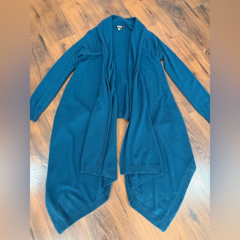 DKNY 100% cashmere open front cardigan Sz Small petite Teal color